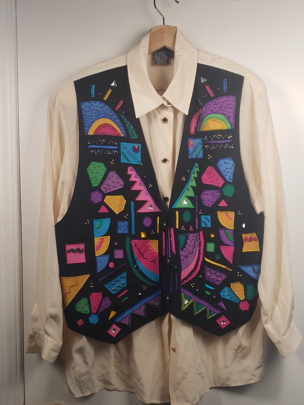 I.B Diffusion Silk Geometric Art Vest in Black with Bright Accent Colors US 16